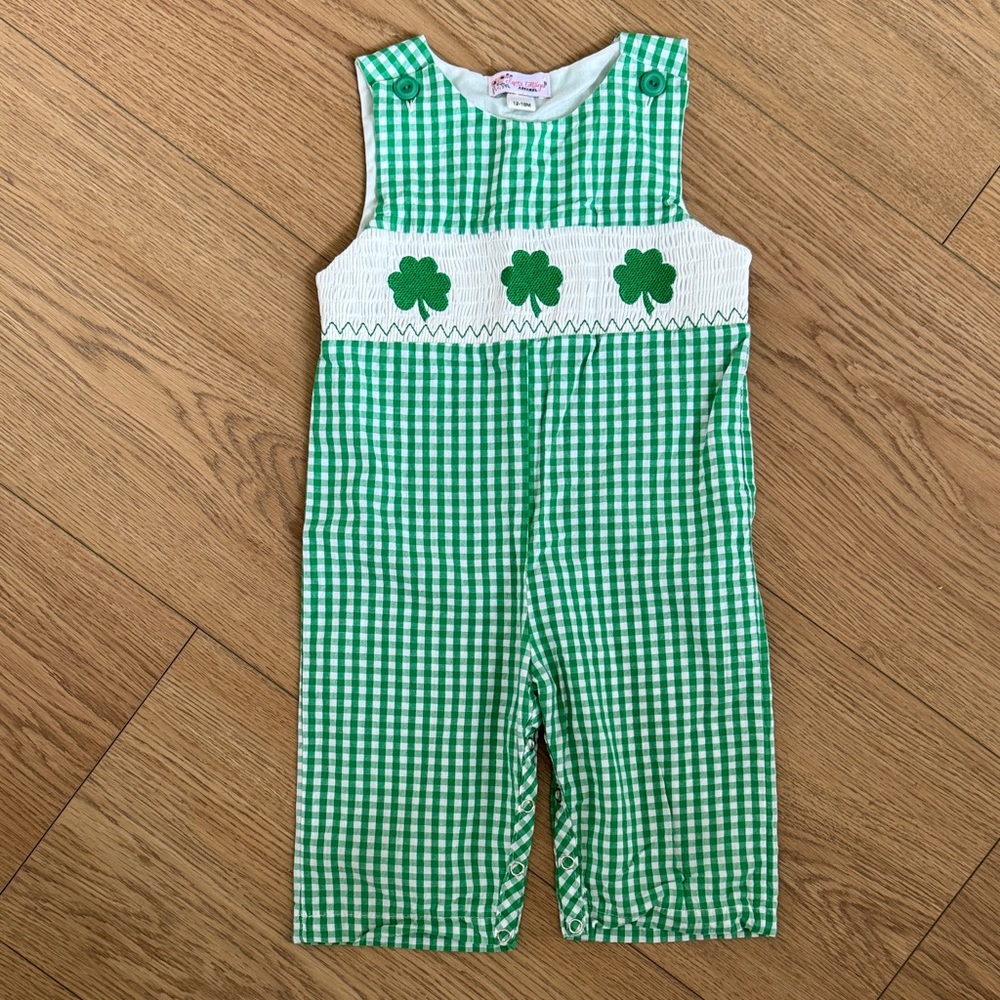 Green Gingham Overalls with Shamrock Embroidery